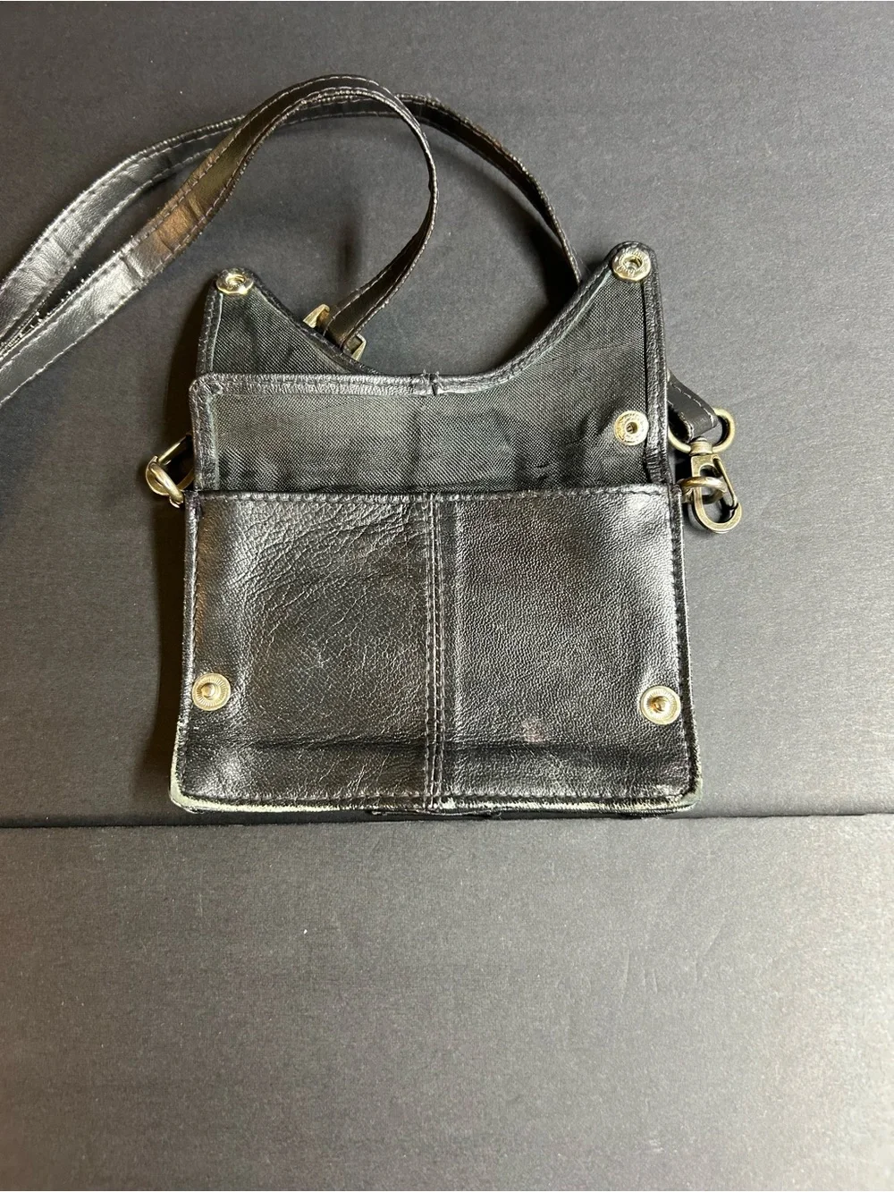 Women's Black Leather Crossbody Wallet  w/ snap closure & slim adjustable strap